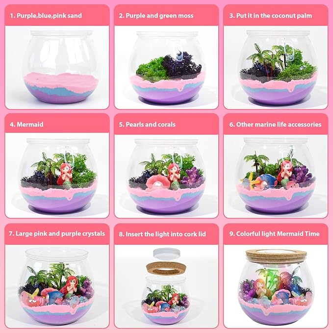 lonfypeng Mermaid Terrarium Kit for Kids - LED Night Light Birthday Gift for Girls Ages 4 5 6 7 8-12 Year Old - Toys for Girl - DIY Arts and Crafts Kit for Kids - Best Girls Presents (Mermaid)