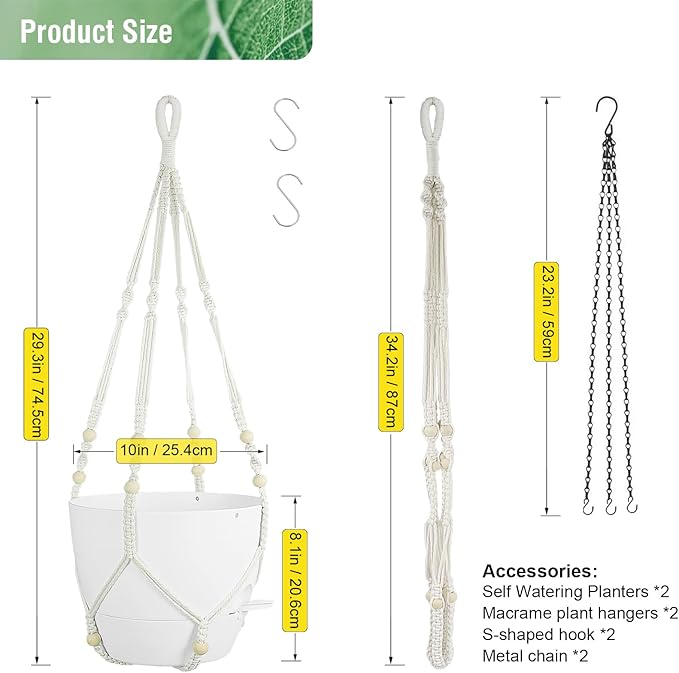 Meowell 10 inch Self Watering Hanging Planters, 2 Pack Hanging Flower Pots for Indoor Outdoor Plants, Hanging Baskets with Drainage Holes & 2 Kinds of Plant Hangers for Garden Home Decor, White