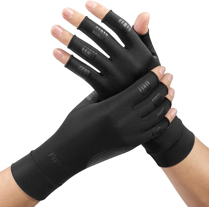 FREETOO Copper Arthritis Gloves for Carpal Tunnel Pain Relief, Strengthen Gloves to Alleviate Hand Pains,Swelling, Fingerless Computer Typing Gloves for Rheumatoid, Tendonitis Women/Men-L