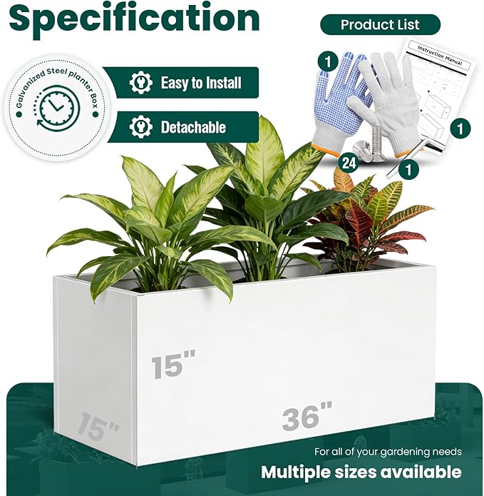 GZGNEEVL Metal Rectangular Planter Galvanized Steel Rectangle Planter White Planters Box 36" L x 15" W x 15" H Outdoor Indoor Large Heavy for Commercial Residential Plants Patio