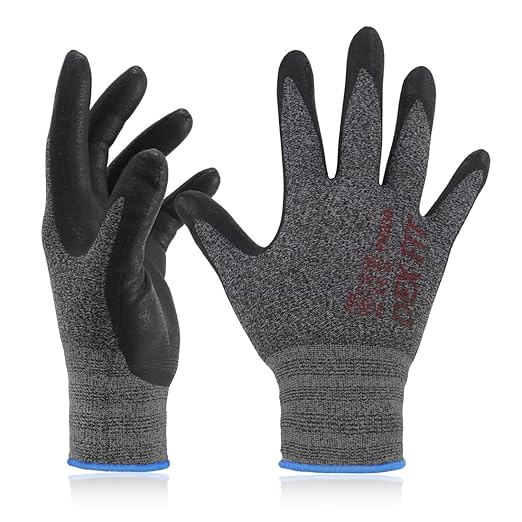 DEX FIT Nitrile Work Gloves FN330, 12 Pairs, 3D-Comfort Stretchy Fit, Firm Grip, Thin & Lightweight, Touch-Screen Compatible, Durable, Breathable & Cool, Machine Washable; Black Grey L (9)