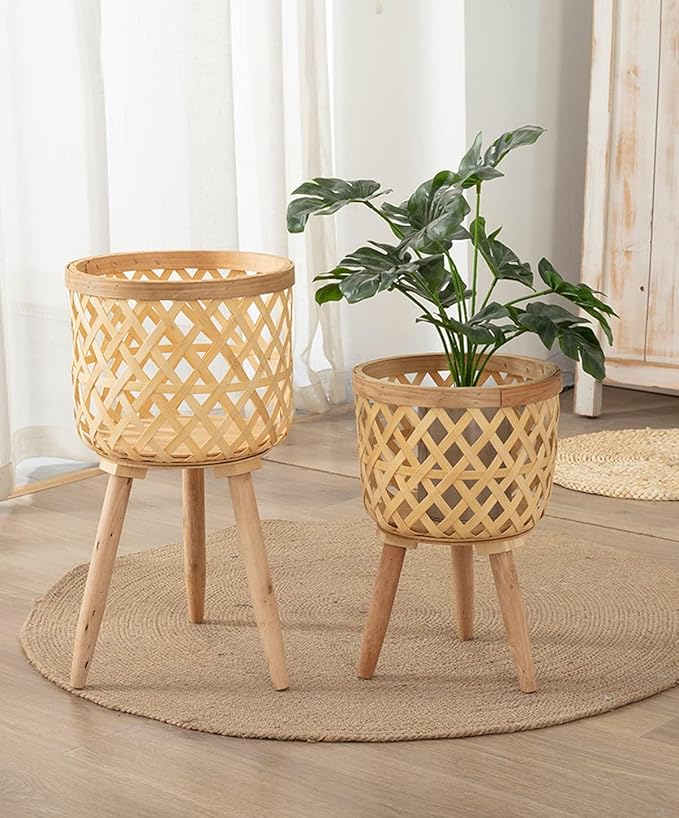 RISEON Set of 2 Handmade Mid Century Modern Planter, Rustic Indoor Rattan Basket Flower Pot Plant Stand,Large Floor Planter Natural