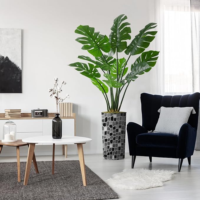 Artificial Tree in Modern Geometric Pattern Planter, Fake Monstera Silk Tree for Indoor and Outdoor Home Decoration - 65" Overall Tall (Plant Pot Plus Tree)
