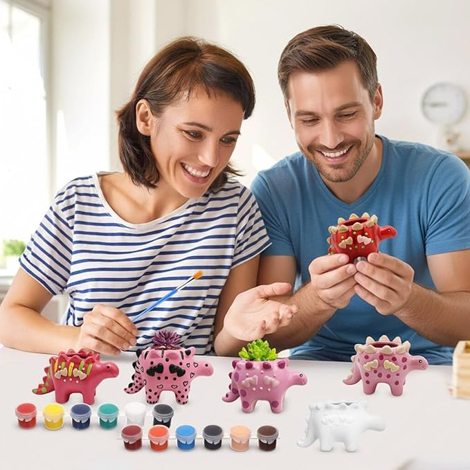 Pasimy 6 Set Ceramics to Paint DIY Ceramic Succulent Planter Pots Paint Your Own Flower Pots Craft Kit Unpainted Bisque Flowerpot with Brush Palette for Family Activity Holiday Gifts(Dinosaur)