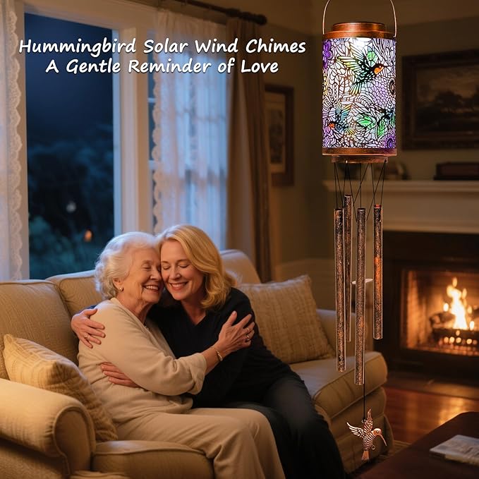 Hummingbird Solar Wind Chimes for Outside, Solar Lanterns Gifts Outdoor Waterproof Garden Lights for Balcony, Porch, Backyard, Birthday Gifts for Mom Grandma Wife (1Pack)
