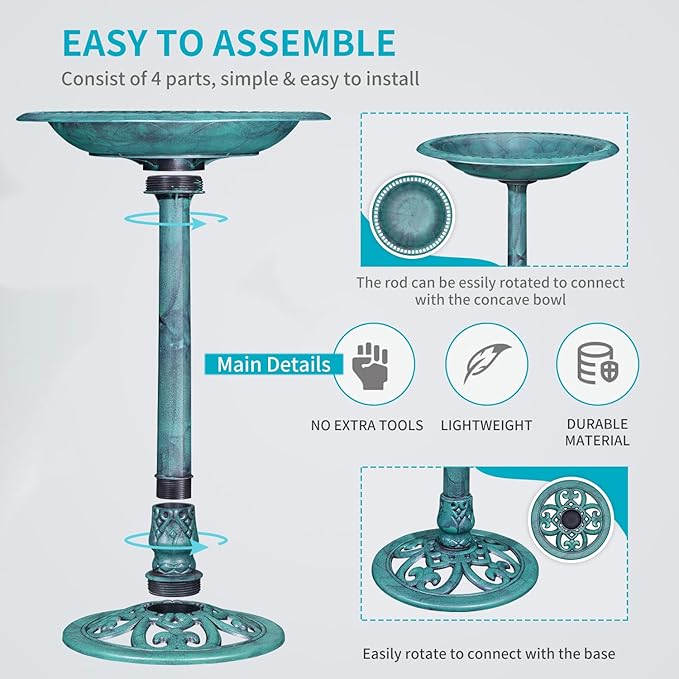 VECELO 28" Pedestal Outdoor Bird Bath with Solar Powered Fountain for Outside, Vintage Bronze Polyresin Lightweight Antique, Yard/Garden Decoration, Green