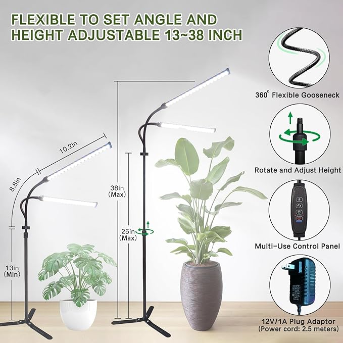 CalKoo 2025 Practical Grow Lights for Indoor Plants Growing, 6000K Full Spectrum 126 LEDs Plant Grow Lights Indoor, Height Adjustable (13-38''), 3 Spectrum Modes + 10 Dimming with 4/8/12/18H Timer