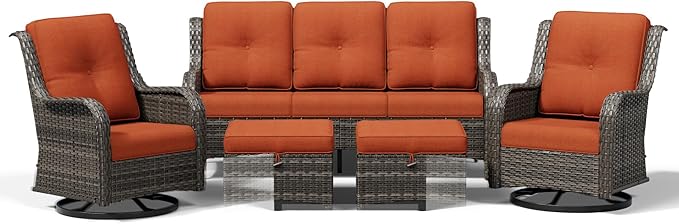 Joyside 5 Piece Wicker Patio Furniture Set, Outdoor Swivel Rocker Patio Chairs with High Back, Deep Seating, Wide Armrest, Thickened Cushions, Outdoor Furniture for Deck, Porch Use