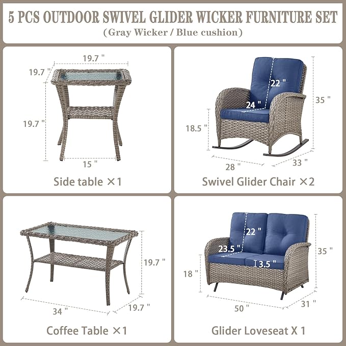 Belord 5 Piece Outdoor Conversation Patio Furniture Set - All-Weather Wicker Patio Rocking Chairs with Loveseat Glider Chair and Coffee Table for Patio Deck Porch Backyard Gray Wicker Blue Cushion
