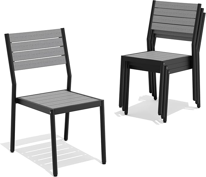 Pellebant Stackable Outdoor Dining Chairs Set of 4, Aluminum Patio Chairs with Armless, All-Weather for Garden, Lawn, Deck, Porch and Yard, Grey