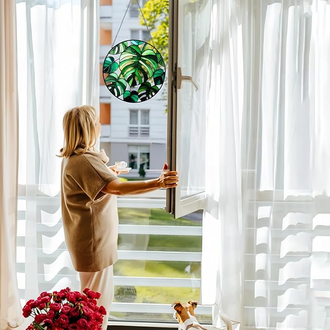7.8'' Monstera Plant Stained Glass Suncatcher,Stained Glass Window Hanging, Plant Suncatcher, Plant Lover Gifts, Mother's Day, Birthday, Housewarming, Christmas, Festival Gifts