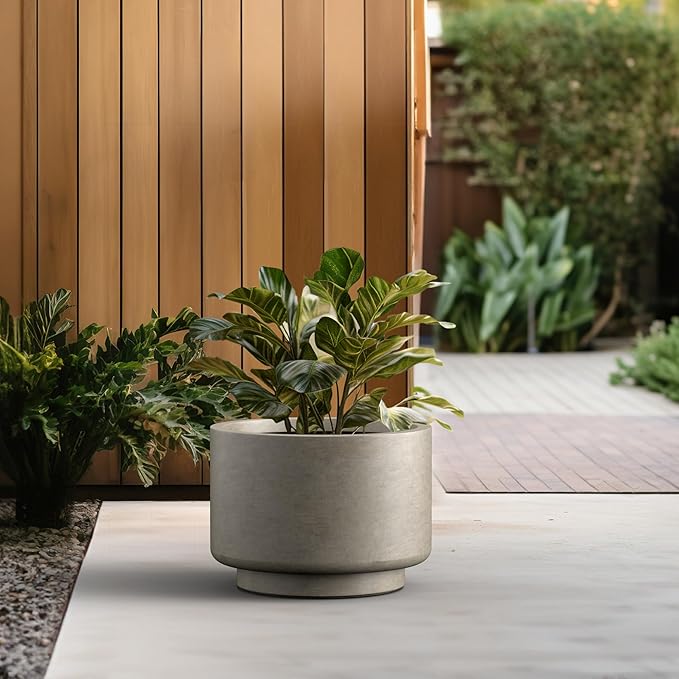 Kante 15.7 Inch Dia Concrete Planter, Round Pedestal Design Garden Pot for Indoor Outdoor Plants, Modern Flower Pot with Drainage Hole, Weathered Concrete