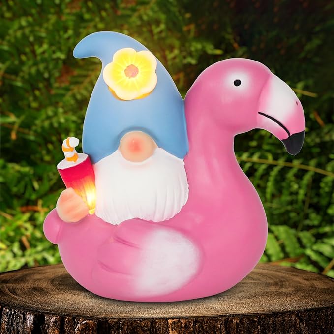 Solar Gnome Garden Decor Statue,Outdoor Funny Solar Light Decoration for Outside Yard Patio Front Porch Balcony Home - Unique Housewarming Gifts (Flamingo)