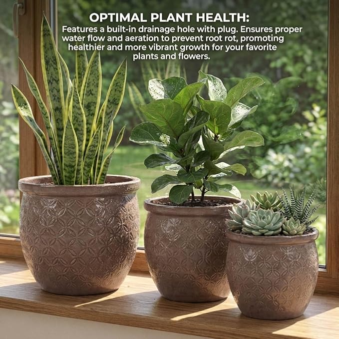 Set of 3 Ceramic Flower Pots, 9+12+15 Inches Modern Planters for Indoor Outdoor, Garden Patio Windowsill Decor with Drainage Hole-Antique Yellow