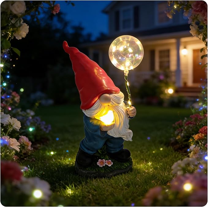 Solar Garden Male Gnome Statue, Detachable Outdoor Garden Decorative Stakes, Resin Gnome Holding Light-Up Bird & Bubble Wand, Upgraded 8-10H Lighting, for Patio, Yard, Flower Bed & Pathway, 10.63"