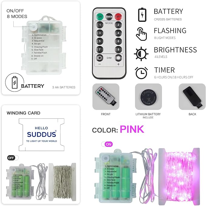 suddus Pink Valentine Day Fairy Lights Battery Operated, 66ft 200 LED String Lights with Remote & Timer, Waterproof Twinkle Lights for Bedroom, Romantic Wedding, Party, Indoor & Outdoor Decor
