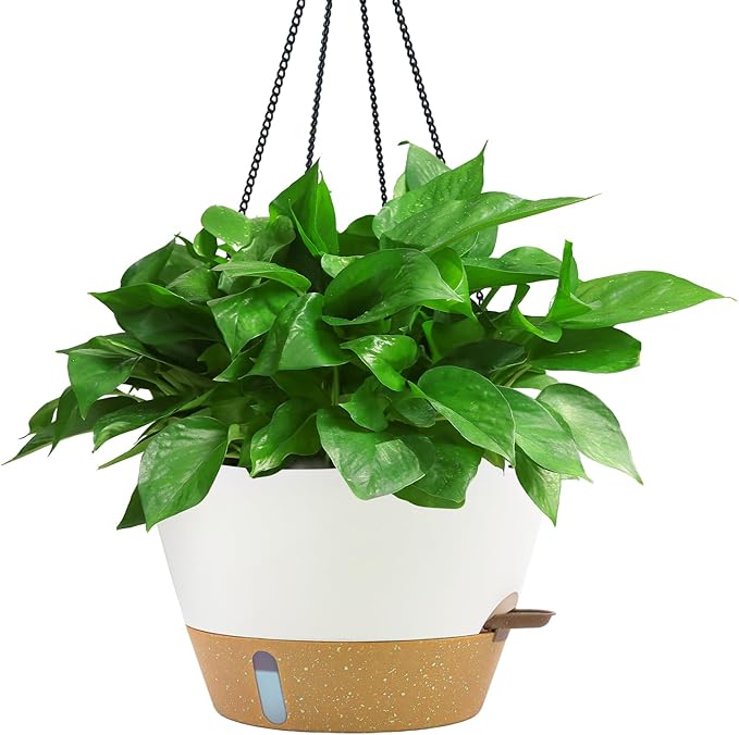 ZMTECH 12 Inch Hanging Planters for Indoor, Large Hanging Plant Pot with Visible Water Level and Chain, Self Watering Hanging Flower Pot for Outdoor Garden Porch(White)