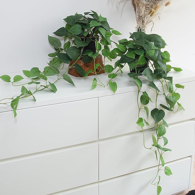 alyptus Fake Pothos Hanging Plants – 33" Set of 2 Faux Ivy Vines with Pots, Realistic Silk Devil’s Ivy for Indoor Décor, Low Maintenance Artificial Greenery for Home Bathroom or Office - Green