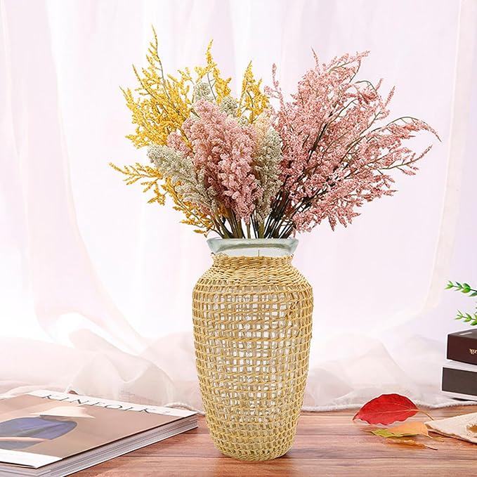 MDEOOSKY Straw Woven Glass Vase 7.9''x2.36''x3.5''Boho Glass Flower Vase Country Rustic Style Vase Glass Vase for Floral Arrangements Bottle Height (A Style 7.9IN)