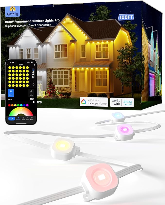 Gefolly Permanent Outdoor Lights Pro, 100ft with 60 RGBW Double-LED Lights 111 Scene Modes for Daily, Halloween, Christmas, IP67 Waterproof for Outdoor Decor, Works with Alexa, Google Assistant, White
