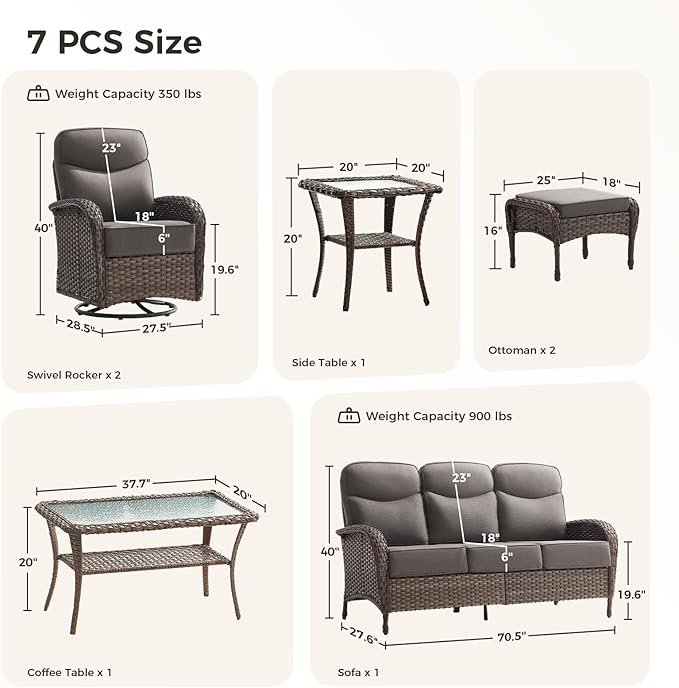 Luxury Patio Furniture Set with 6-inch Thick Cushions, Outdoor Furniture Set with High Back Swivel Chairs, 7 PCS Wicker Outdoor Conversation Set for Porch, Patio, Yard, Deck, Poolside, Brown/Grey