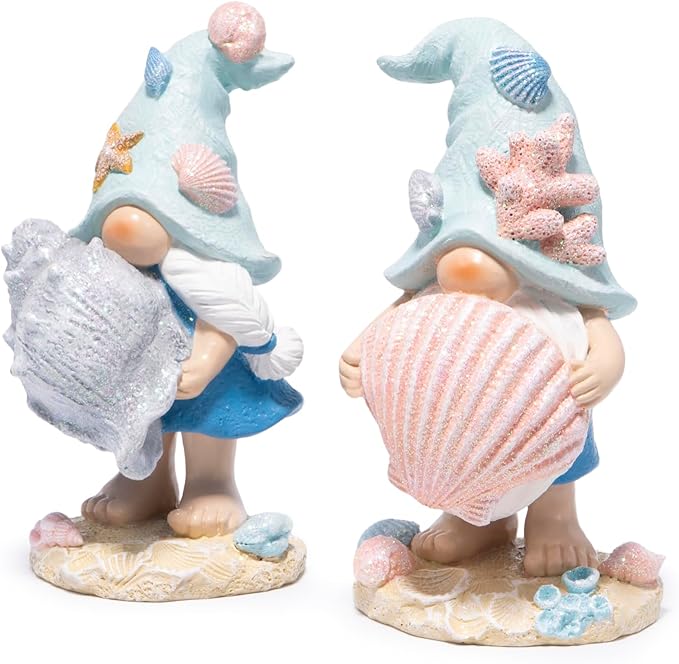 Hodao Ocean Elf Figurines with Seashell & Conch – Coastal Nautical Beach Elf Decor for Coastal Living Room, Ocean Themed Home Tabletop Decoration, Gift for Retirees & Ocean Enthusiasts (Blue-Grey)