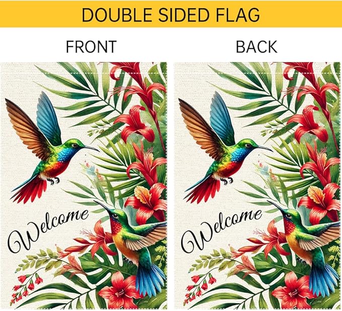 Welcome Hummingbird Garden Flag 12x18 Inch Burlap Double Sided Seasonal Colorful Floral Outdoor Home Yard Lawn Rustic Farmhouse Spring Summer Flags