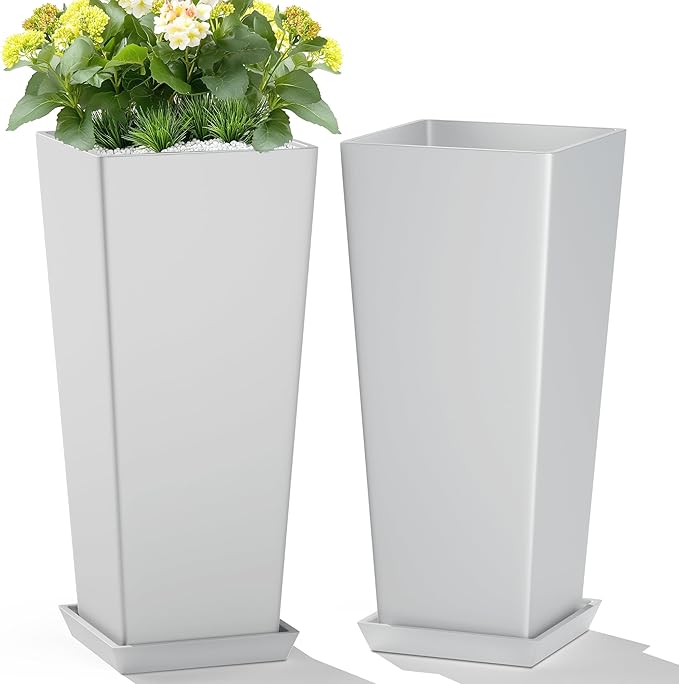 TUYOHW Set of 2 Tall Planters, 24" Large Indoor Outdoor Flower Pots with Tray, Modern Tapered Planters for Porch, Patio, Garden, Backyard(White)