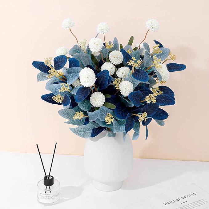 Fake Flowers for Vase, 15 pcs Faux Silk Pompom Mum Artificial Flowers with Eucalyptus Stems, Mini Floral Long Stem Arrangements for Home Decor, Wedding, Table Centerpieces DIY Floral Designs