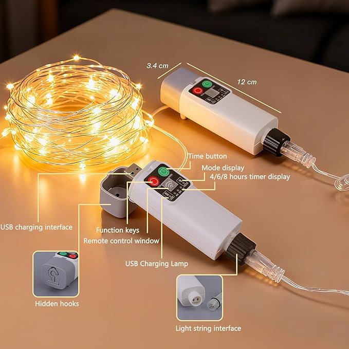 Rechargeable Fairy Lights Plug in, 33Ft 100 LEDs Waterproof Camping String Lights, with Remote and Adaptor,Starry String Lights for Wedding Indoor Outdoor Christmas Patio Garden Decoration,Warm White
