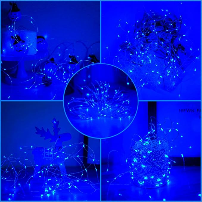 YAOZHOU Blue Solar Christmas String Lights Outdoor Waterproof, 2Pack Total 200Led 66Ft 8 Modes Copper Fairy Lights for Halloween Garden, Patio, Fence, Balcony, Outdoors