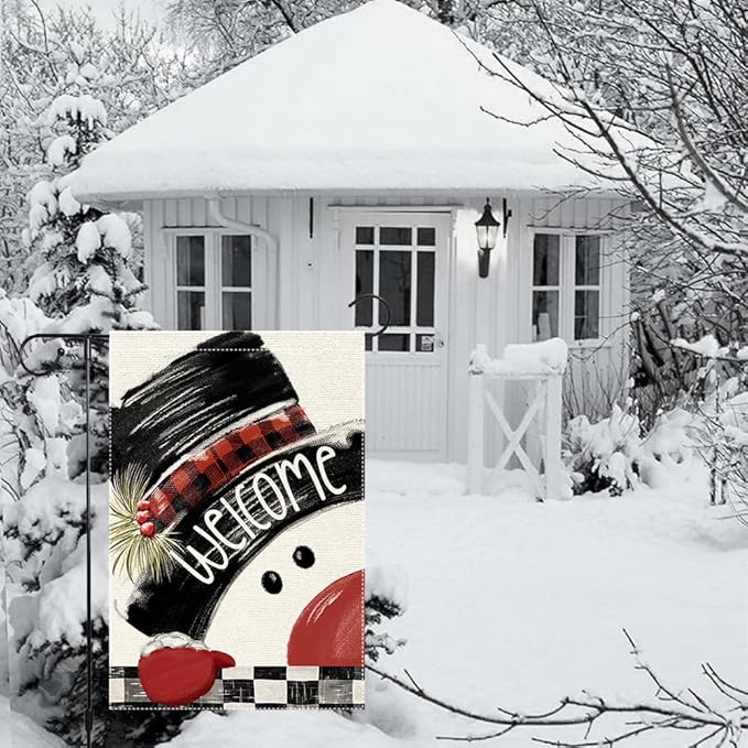Snowman Cardinal Hello Winter Garden Flag 12x18 Inch Double Sided, Winter Holiday Yard Outdoor Flag