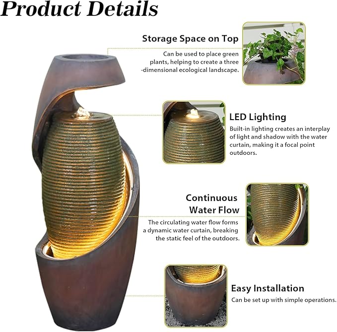 Modern Outdoor Freestanding Water Fountain with LED Lights, Resin Garden Water Feature with Planter Top for Patio, Yard & Porch, 29.5"H Sculptural Oval Waterfall Fountain Indoor Decor, Realaxing Sound