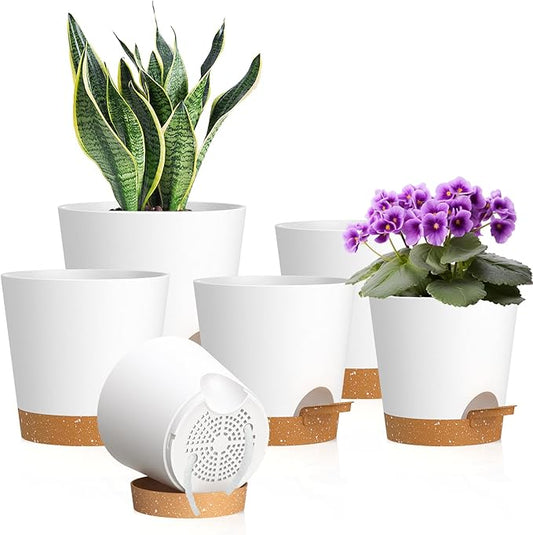 WSMKSZ 7/6.5/6/5.5/5/4 inch Self Watering Pots for Indoor Outdoor Plants, 6 Pack Plastic Flower Planters with Drainage Holes and Removable Saucers, Plant Pots with Wicking Rope, White Brown
