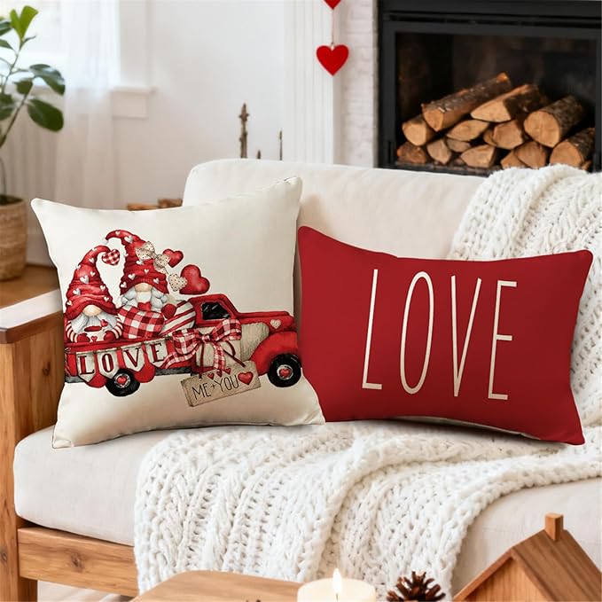 NIGHTWISH Valentine's Day Pillow Covers 12x20 Set of 4 Love Heart Truck Gnomes Valentines Day Decorations XOXO Wedding Throw Cushion Case for Sofa Couch