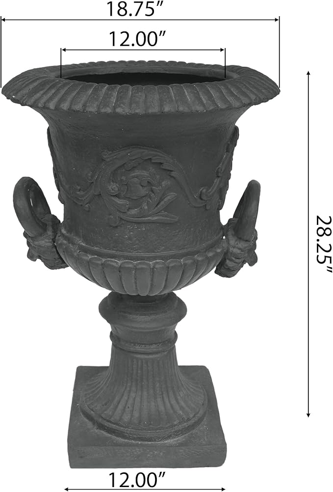 Merax 28-inch MGO Roman Garden Urn Planter, Lightweight Concrete Indoor Outdoor Flower Pot with Drainage Hole & Stopper, Stone-Look Planter for Plants, Flowers, Succulents, and Herbs, Antique Gray