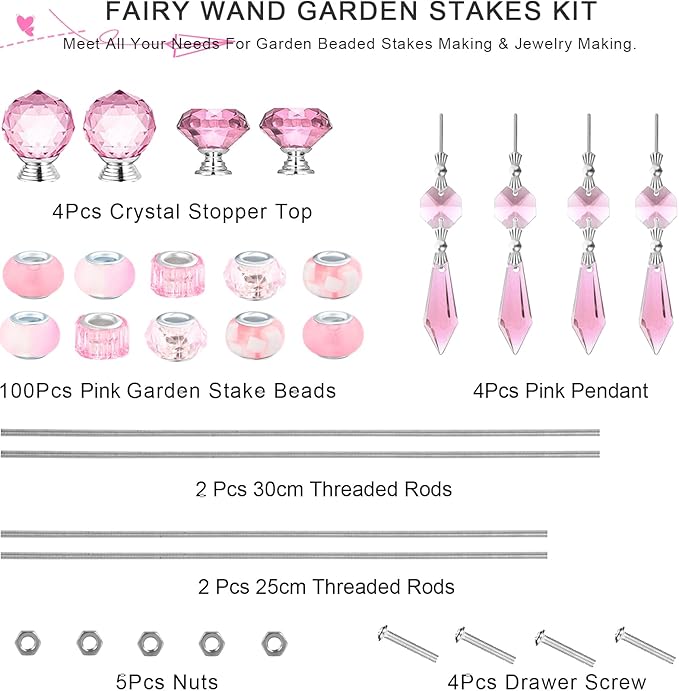 121 Pcs DIY Fairy Wand Beaded Garden Stakes Kit, Fairy Wands Garden Kit Pink Large Hole Bead with Sparkling Pendants Crystal Stopper Top Threaded Rod Beaded Garden Stakes Supplies Outdoor Decorative