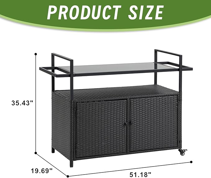 Outdoor Wicker Bar Cart, 51.18" Patio Wine Serving Cart with Tempered Glass Top, Rolling Beverage Table with Wheels & Storage Shelf for Garden, Backyard & Poolside, Black