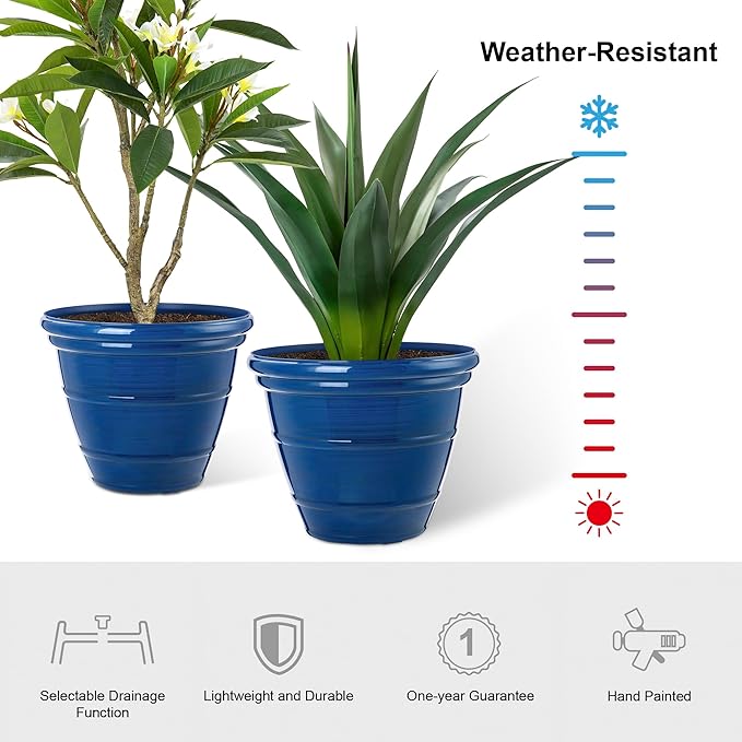 Glitzhome 15.5" D Large Flower Pots, Set of 2 Large Planters for Outdoor Plants with Drainage Holes, Cobalt Blue Faux Ceramic Finish, Plastic Tall Flower Pots for Garden, Patio, Porch or Indoor Use