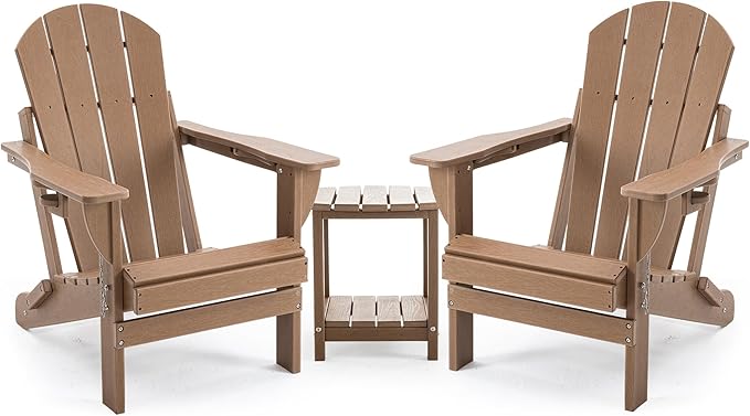 Folding Adirondack Chair Set with Side Table - HDPE Outdoor Patio Chairs, Weatherproof Chair with Reclining Back, Cup & Phone Holder, and 2-Tier Storage End Table for Firepit or Garden (Brown)