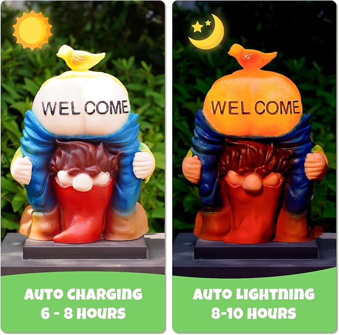 Solar Garden Statues Lights, 8.5" Christmas Outdoor Gnome Figurine with Auto On/Off for Yard Patio Decor, Gifts for Women, Grandma, Mom, Housewarming (Welcome Gnome)