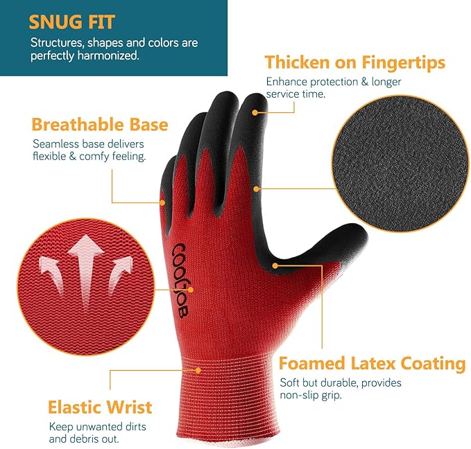 COOLJOB Gardening Gloves for Men, 2 Pairs Breathable Rubber Coated for Garden Weeding Landscaping, Outside Work for Lawn Yard, Men's Xlarge Size, Black & Red