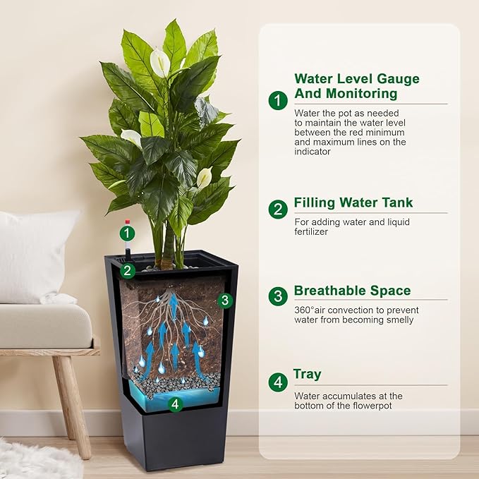 Modern Elegant Flower Pot with Smart Watering System - 23" Tall 2-Pack Large Outdoor Indoor Plant Pots - Convenient Design, Weather-Resistant Durability - Black