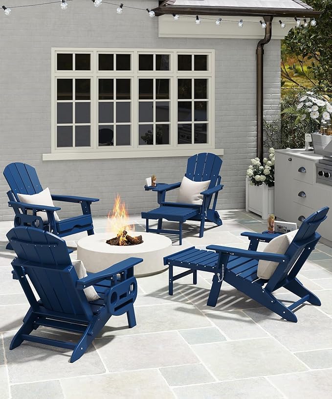 Adjustable Adirondack Chair with Retractable Ottoman Set of 6, HDPE Folding Adirondack Chair with Cup Holder, All Weather Fire Pit Chair for Outdoor.
