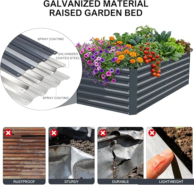 STBoo 6x3x2FT Galvanized Raised Garden Bed, Outdoor Metal Raised Planter Box for Vegetables, Elevated Rust-Resistant Rectangle Gardening Container Kit with Reinforced Panels for Backyard, Patio(Grey)