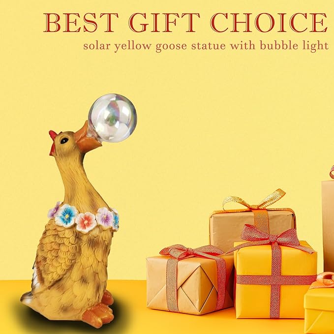 Porch Goose Statue with Solar Bubble Light Garden Yellow Figurine Decor for Yard Lawn Patio Outdoor Decorations Housewarming Gifts for Mom Grandma Women