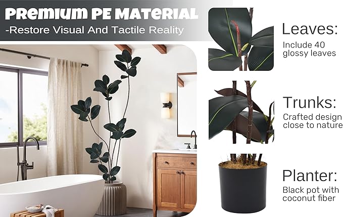 Artificial Rubber Tree 7FT with 40 Glossy Leaves & 6 Heads & Black Pot Cover with Coconut Fiber Realistic Tall Large Faux Tropical Ficus Elastica Plant 84 Inch for Indoor Home Modern Decor