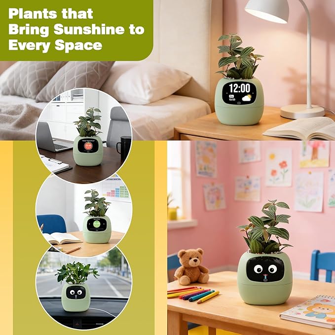 Plantsio AI Smart Pot for Plants with App Control, Self-Watering, Visual Display & 80ml Reservoir, Digital Plant Pot Supports 100+ Plants, Pomodoro Timer, Clock & Calendar,Desk & Office Planter-Green