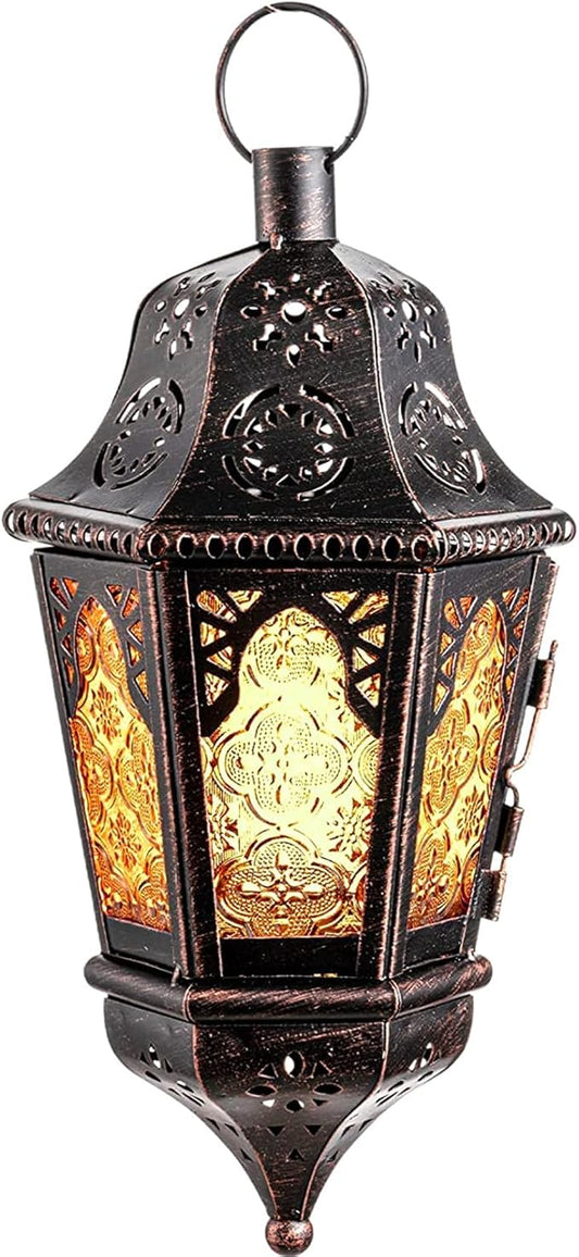 NEEDOMO Hanging Moroccan Lantern, 13.5'' Vintage Metal Candle Holder with 14.8" Chain, Ramadan Lanterns Decorative Indoor Outdoor for Home, Table, Patio, Porch, Christmas,Halloween, Spring (Amber)