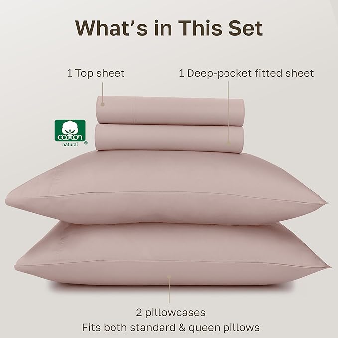 California Design Den 100% Egyptian Cotton Sheets Queen Size Set - Certified Authentic, Soft Sateen, Deep Pocket Sheets with Gripper Elastic, Breathable and Durable Luxury Bedding - Sepia Rose